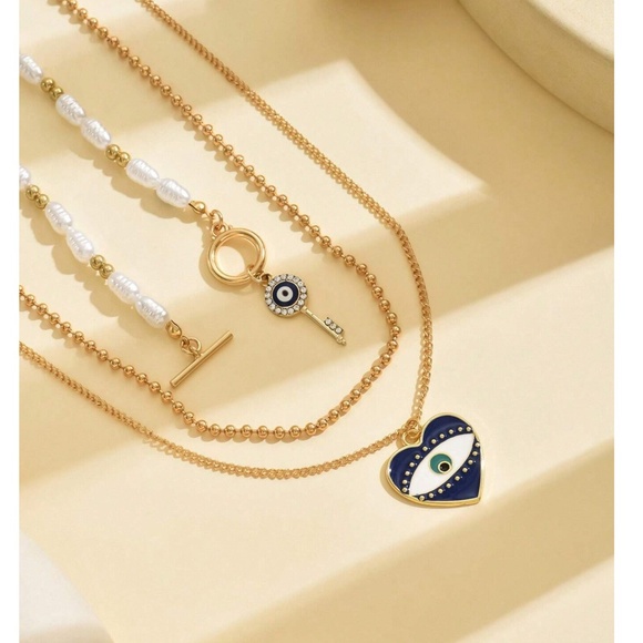Boho Gold Tone Evil Eye Heart Faux Pearl  Multichain Necklace - Picture 3 of 3